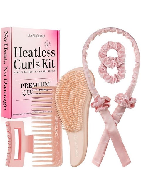 Lily England Heatless Hair Curler, 6-Piece No Heat Curls Overnight Set Includes A Detangler Brush, Scrunchies, Claw Clip & Comb for Styling - Satin Curling Headband to Sleep In for Pretty Curls