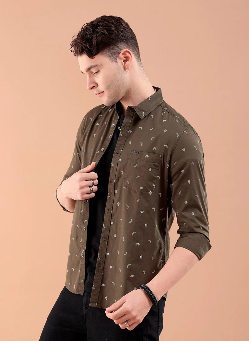 ذا انديان كراج كو Men Slim Fit Graphic Print Full Sleeves Spread Collar Casual Shirt