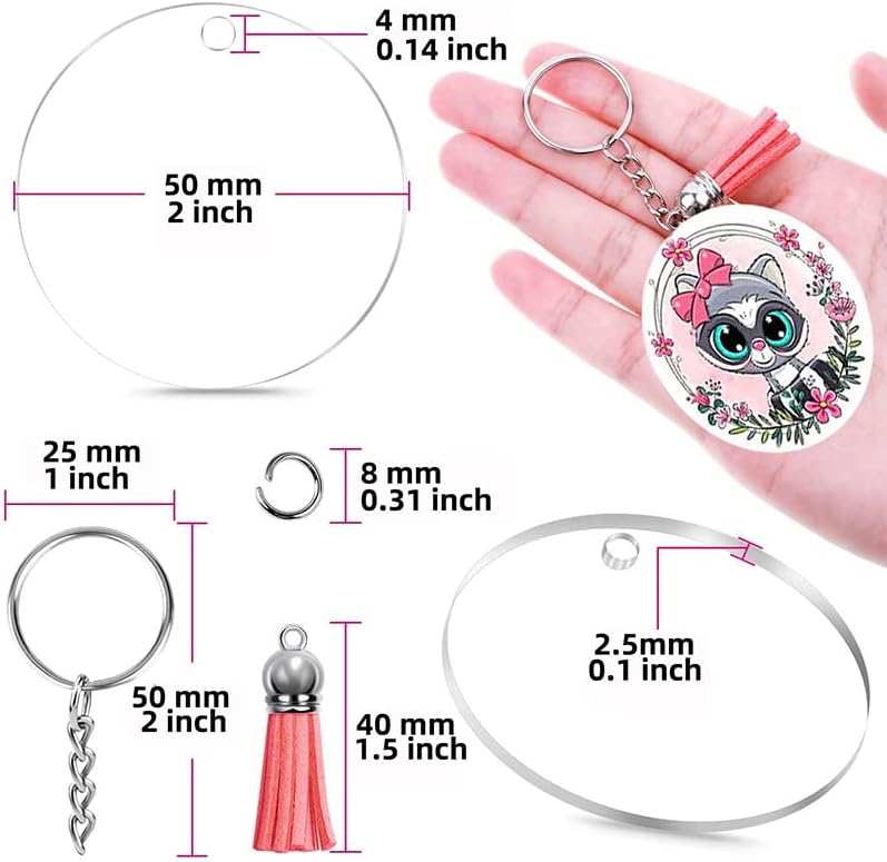 Zerodis DIY Accessories Kit Acrylic Keychain Craft Supplies with Coloured Tassels Round Blanks Key Hooks Polished Edges Design for Christmas Birthday Gift 6.7x4.7x1.8in 200 Pcs Keychain (Silver) - Image 5