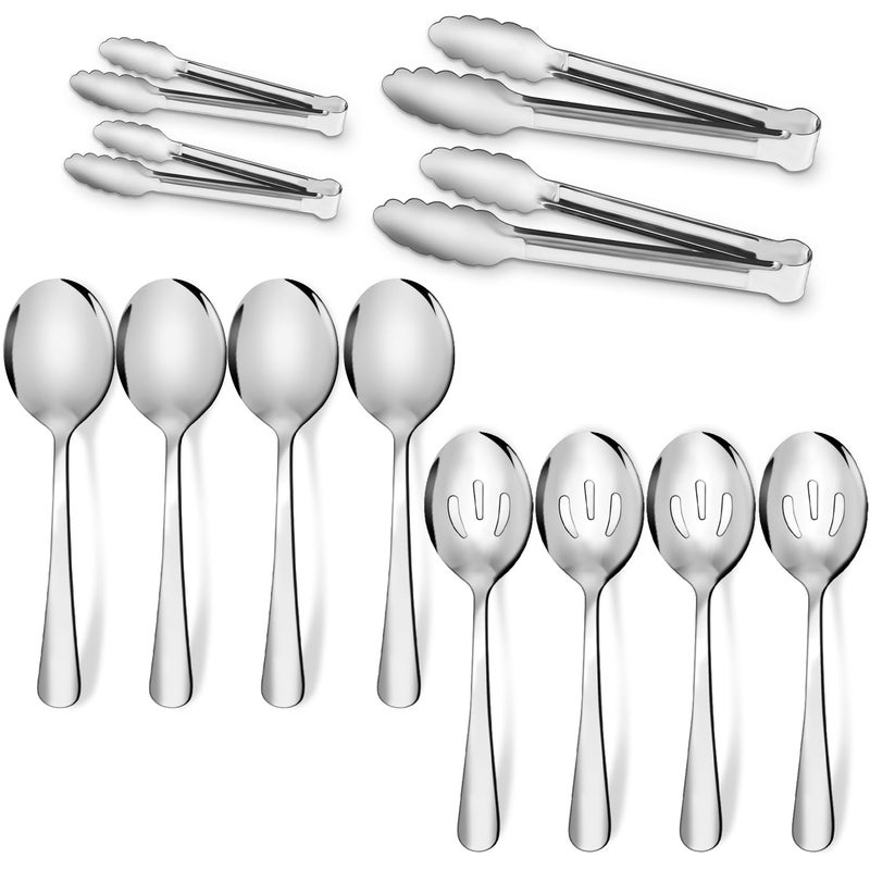 XEVOM 12PCS Stainless Steel Serving Utensils Sets - Large Serving Spoons,Slotted Spoons,Serving Tongs,Appetizer Tongs,Utensills Sets for Buffet Catering Banquet Party (Silver) - Image 1