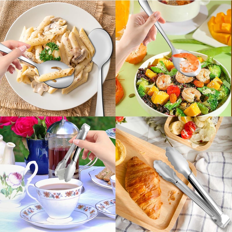 XEVOM 12PCS Stainless Steel Serving Utensils Sets - Large Serving Spoons,Slotted Spoons,Serving Tongs,Appetizer Tongs,Utensills Sets for Buffet Catering Banquet Party (Silver) - Image 5