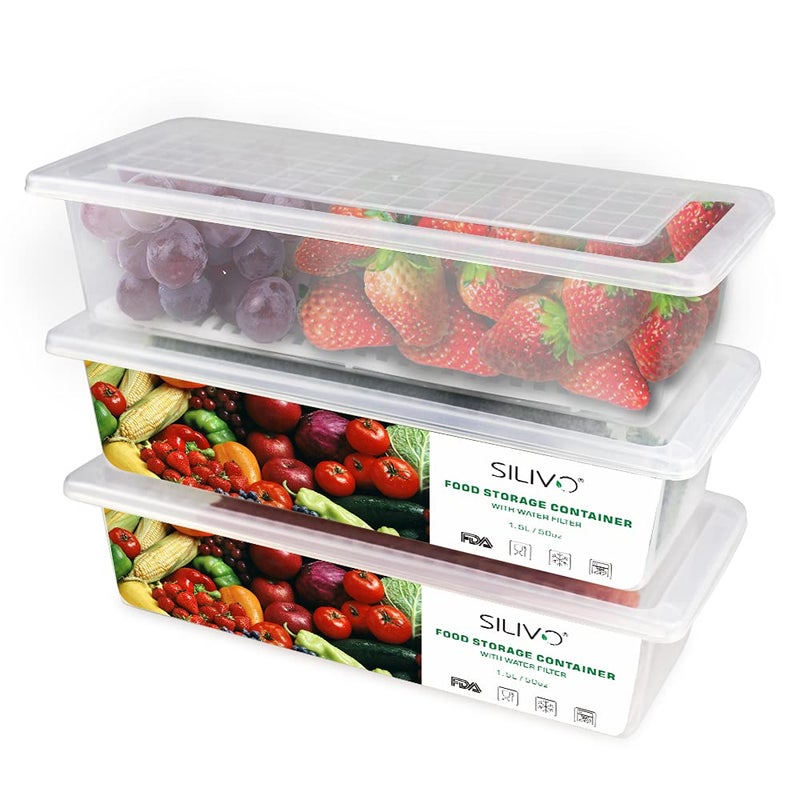 Fridge Organiser with Lids SILIVO Food Storage Containers with Draining Grid Fridge Organiser for Storing Fresh Fruit Vegetable and Cheese 3 x 15L