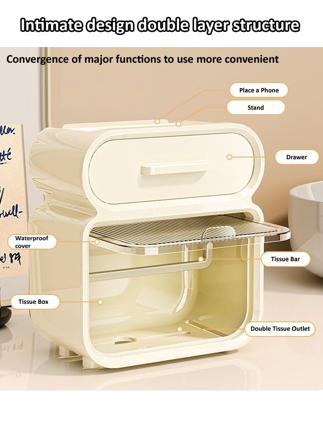 Multifunction Wall Mounted Tissue Box Toilet Paper Holder Tissue Dispenser Non Perforated Waterproof Drawer with Storage Shelf 18x12x22 cm