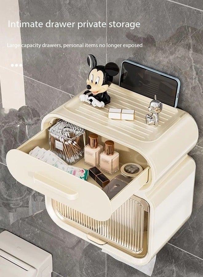 Multifunction Wall Mounted Tissue Box Toilet Paper Holder Tissue Dispenser Non Perforated Waterproof Drawer with Storage Shelf 18x12x22 cm