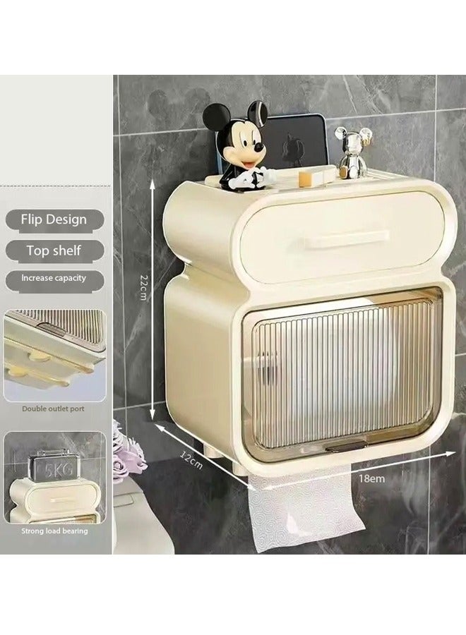 Multifunction Wall Mounted Tissue Box Toilet Paper Holder Tissue Dispenser Non Perforated Waterproof Drawer with Storage Shelf 18x12x22 cm