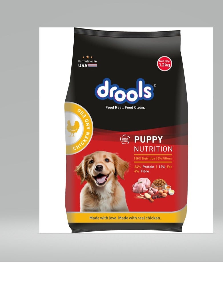 Drools Puppy Dry Dog Food, Chicken & Egg, 1.2 Kg | 100% Balanced Diet With Real Chicken | DHA For Brain Development, High Protein For Bones & Muscle Growth | Easily Digestible Kibble