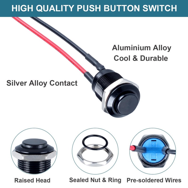 KASTWAVE Latching Push Button Switch, 5Pcs 12mm Round Normally Open Raised Head ON-Off with Pre-soldered Cable, Aluminium Alloy Shell Waterproof Toggle Switch for Switch Panel, Car, RV, Truck, Boat - Image 4