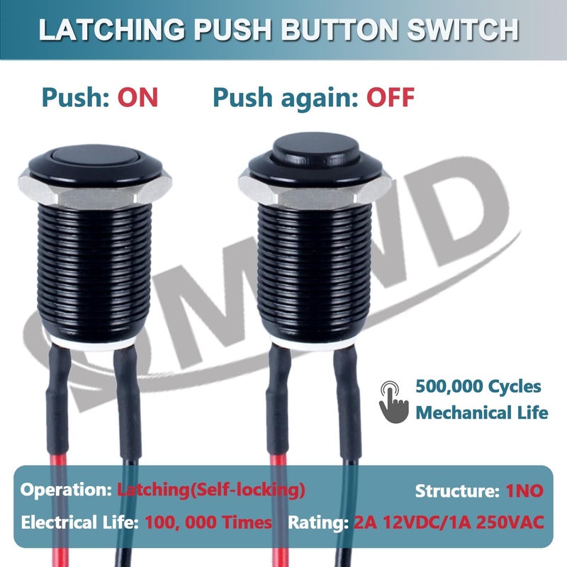 KASTWAVE Latching Push Button Switch, 5Pcs 12mm Round Normally Open Raised Head ON-Off with Pre-soldered Cable, Aluminium Alloy Shell Waterproof Toggle Switch for Switch Panel, Car, RV, Truck, Boat - Image 3