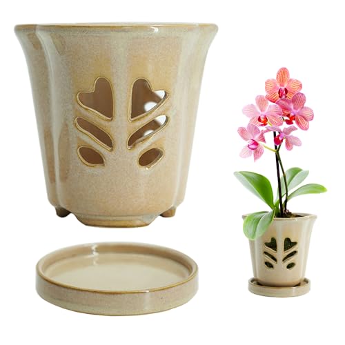 pavtner Ceramic Orchid Pot 4 Inch, Orchid Pots with Holes, Orchid Pot for Repotting, Beatiful Ice Cracked Glaze Ceramic Plant Pot, Perfect Home for Your Orchids.(Retro Pink) - Image 1