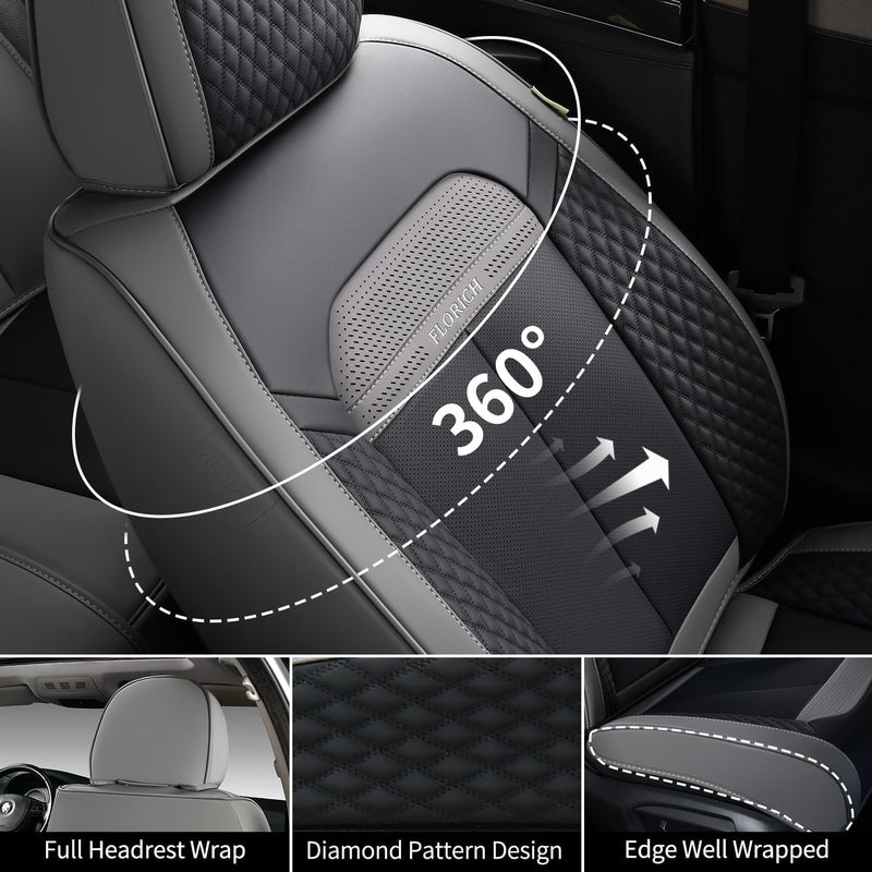FLORICH Full Set Car Seat Covers 5pcs, Breathable Waterproof Nappa Leather Seat Covers, Gary Seat Covers, Automotive Interior Cover Universal for Cars SUV Truck Sedan - Gary&Black - Image 4