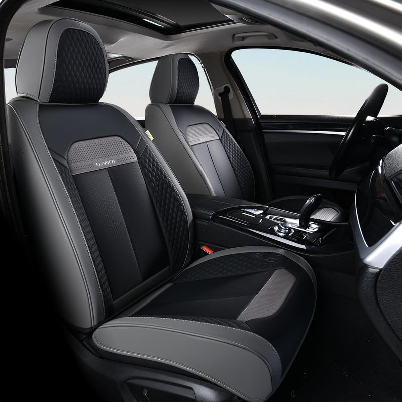 FLORICH Full Set Car Seat Covers 5pcs, Breathable Waterproof Nappa Leather Seat Covers, Gary Seat Covers, Automotive Interior Cover Universal for Cars SUV Truck Sedan - Gary&Black - Image 2