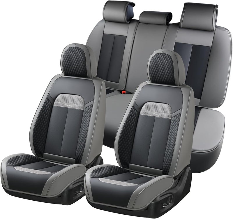 FLORICH Full Set Car Seat Covers 5pcs, Breathable Waterproof Nappa Leather Seat Covers, Gary Seat Covers, Automotive Interior Cover Universal for Cars SUV Truck Sedan - Gary&Black - Image 1