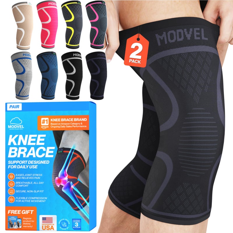 Modvel 2 Pack Knee Brace for Women & Men - Workout Knees Compression Sleeve for Knee Pain Relief Joint Support for ACL, Arthritis, Meniscus Tear Knees Brace for Sports, Rodilleras para Gym Fitness - Image 1