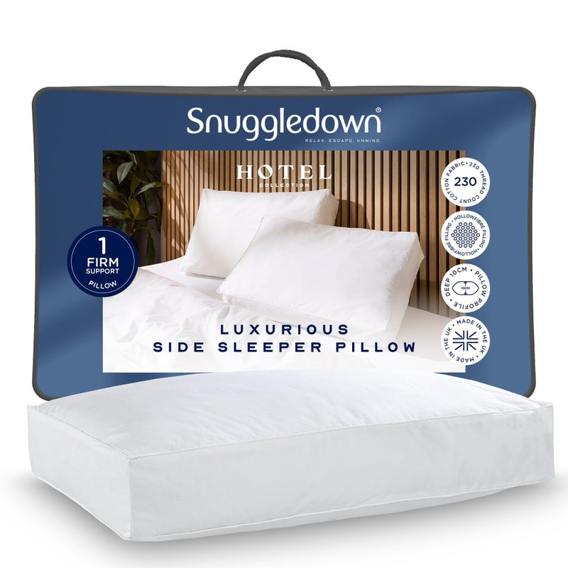 سناجل داون وسادة النوم الجانبية للفندق من Snuggledown - دعم جدار صندوقي ثابت لمن ينامون في الظهر والجانب | غطاء قطني 100% مسامي ولا يسبب الحساسية، صناعة بريطانية وقابل للغسل (38 × 64 سم) - Image 1