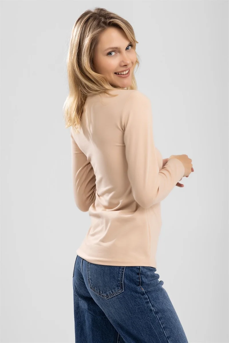 Baykar Women's Cotton Crew Neck Long Sleeve Combed Cotton Basic Body Skin Color