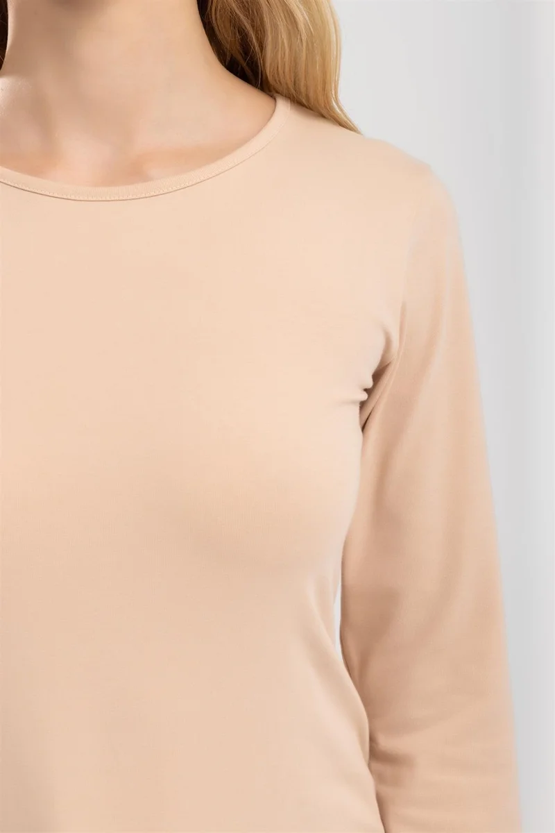 Baykar Women's Cotton Crew Neck Long Sleeve Combed Cotton Basic Body Skin Color