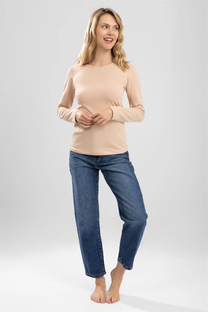 Baykar Women's Cotton Crew Neck Long Sleeve Combed Cotton Basic Body Skin Color