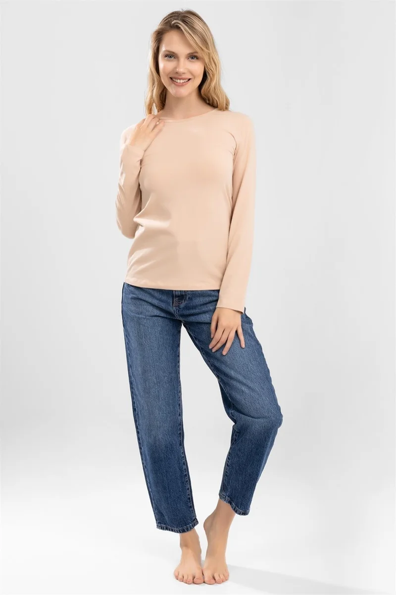 Baykar Women's Cotton Crew Neck Long Sleeve Combed Cotton Basic Body Skin Color