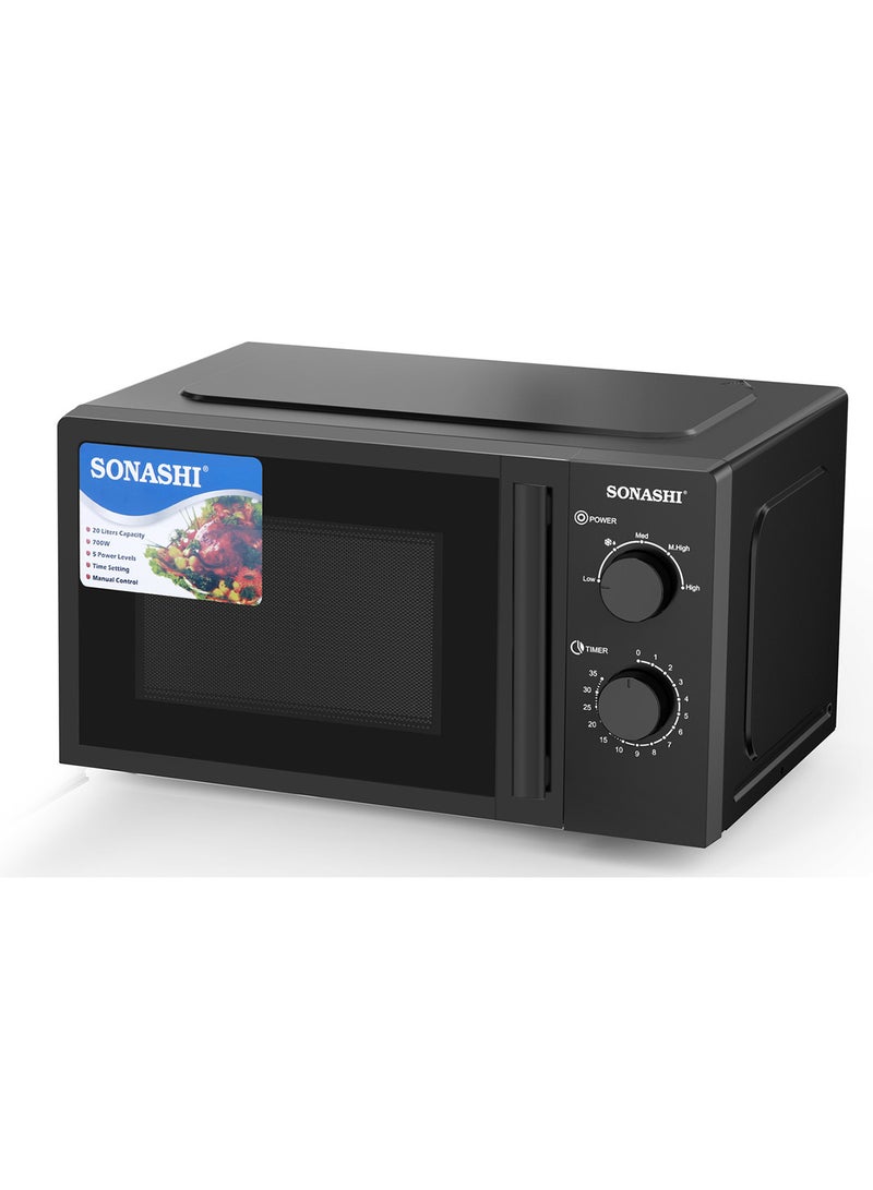 SONASHI 20L Microwave Oven - 245Mm Turntable Glass Tray With Defrost Setting | Manual Control Oven With Pull Handle Door And 6 Power Levels 20 L 700 W SMO-920 Black - Image 2