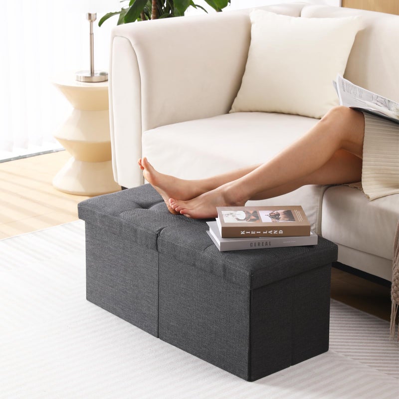 CUYOCA Storage Ottoman Bench Foldable Seat Footrest Shoe Bench End of Bed Storage with Flipping Lid, 75L Storage Space, 30 inches Linen Fabric Black - Image 3