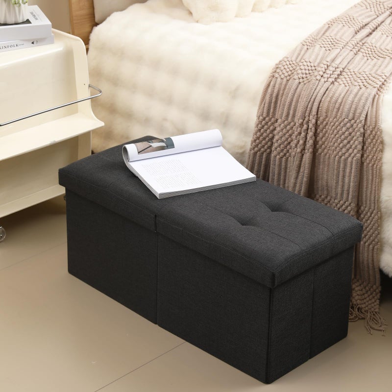 CUYOCA Storage Ottoman Bench Foldable Seat Footrest Shoe Bench End of Bed Storage with Flipping Lid, 75L Storage Space, 30 inches Linen Fabric Black - Image 2