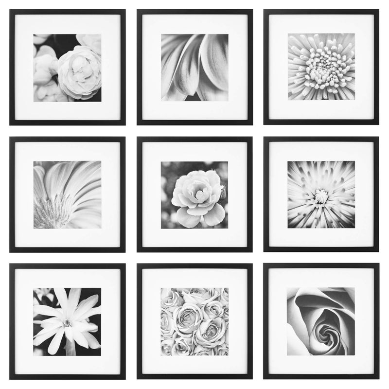 Gallery Perfects 9Piece  Square Photo Frame  Stunning Display with Frame Wall Gallery Kit  Decorative Art Prints  Hanging Template  Effortless Styling  Square Wall Mount  Black Frame