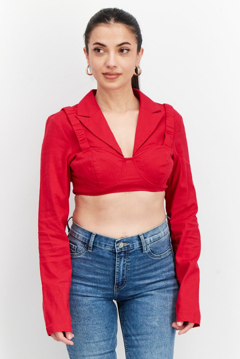 NA-KD Women Notched Collar Long Sleeve Textured Crop Top, Red - Image 1