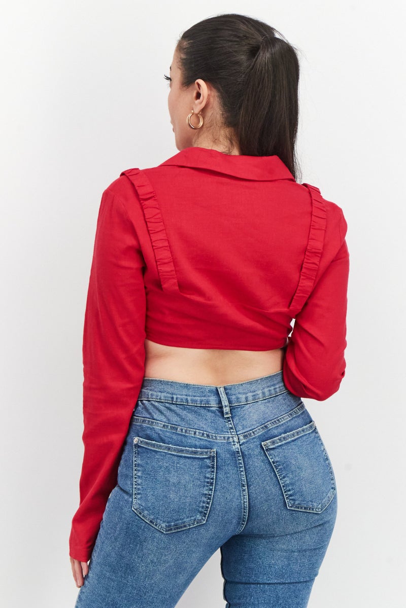 NA-KD Women Notched Collar Long Sleeve Textured Crop Top, Red - Image 3