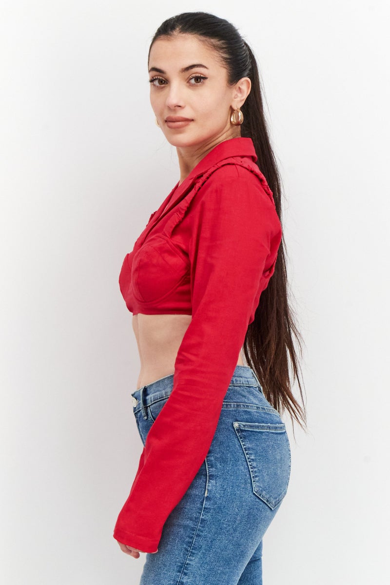 NA-KD Women Notched Collar Long Sleeve Textured Crop Top, Red - Image 2