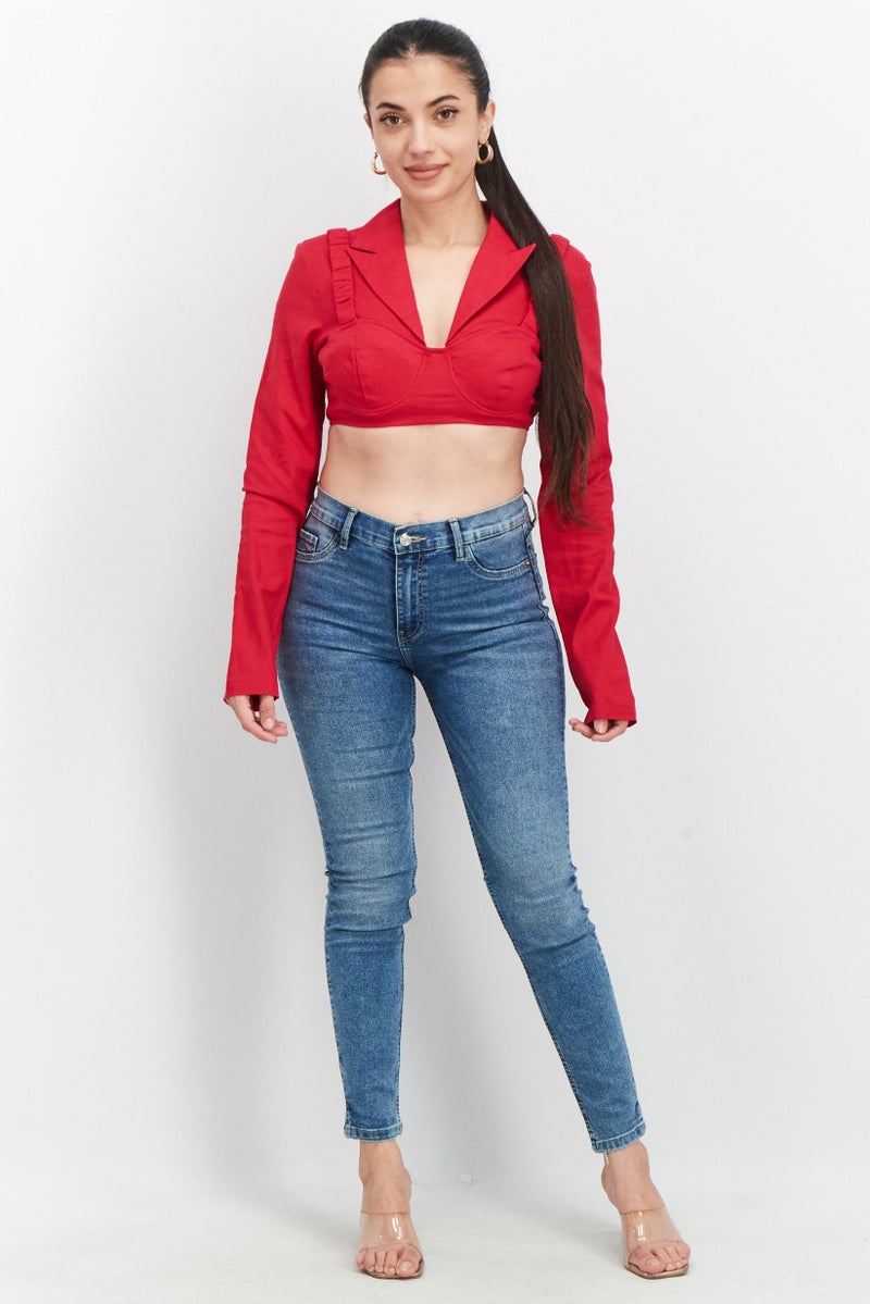 NA-KD Women Notched Collar Long Sleeve Textured Crop Top, Red - Image 4