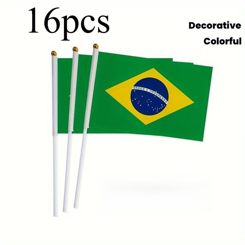 16pcs Brazilian Hand Held Flags Mini Colorful With Pole For Holiday Celebration Outdoor Decor - Image 1