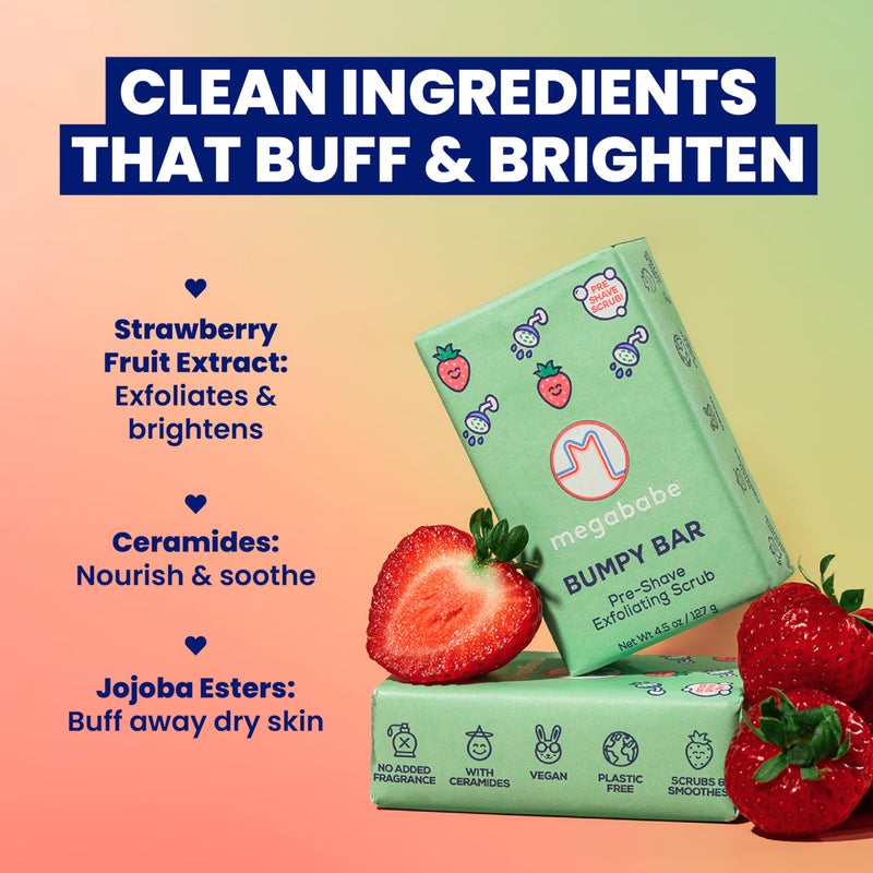 Megababe Bumpy Bar | Pre-Shave Exfoliating Scrub | with Shea Butter, Strawberry Fruit Extract & Ceramides | 4.5 oz - Image 2