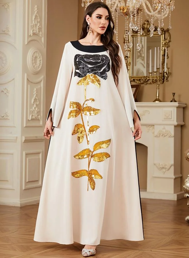 تايك تو Beige Contrast Round Neck Jalabiya with Sequin Floral Embellishment