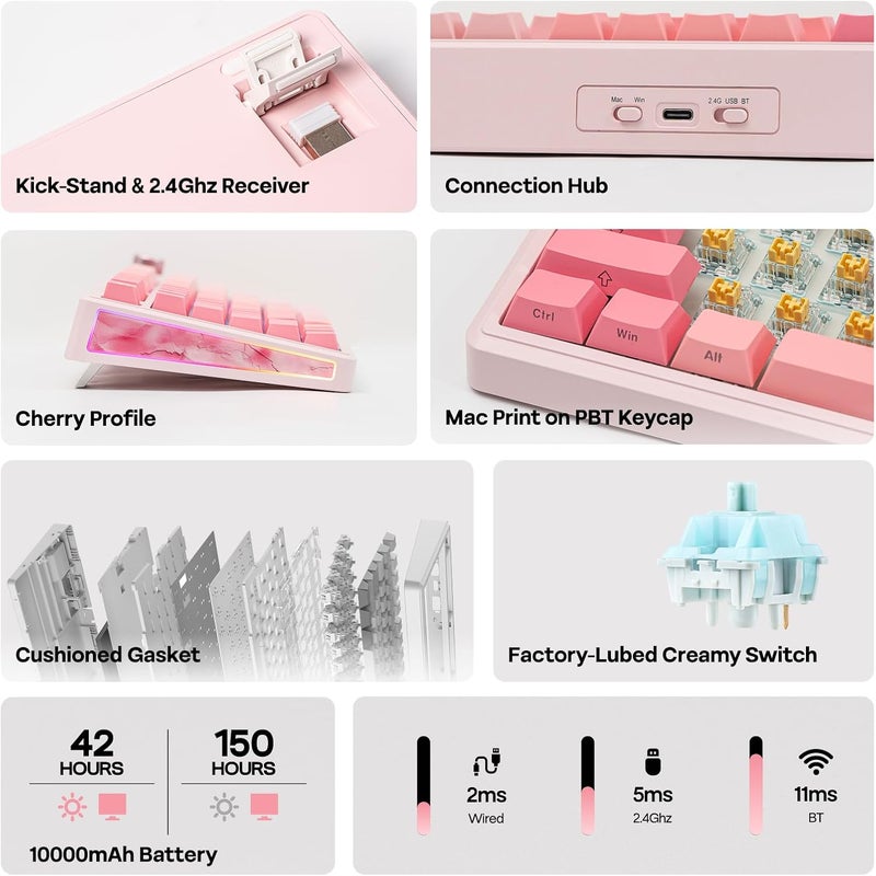 EPOMAKER TH80 V2 PRO Wireless Mechanical Keyboard, Screen & Knob, 10000mAh & 2.4G/BT, Hot-Swap, PBT Keycap, Mac Modifier, RGB, Creamy Gasket, Custom Gaming Keyboard for Mac/PC (Pink, Creamy Jade) - Image 2