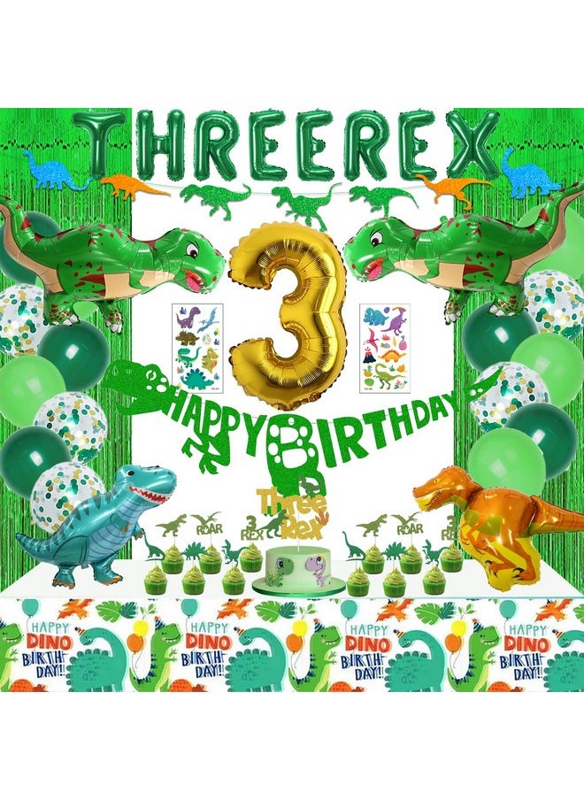 Bluegogo Three Rex Birthday Party Decorations Boy, Dinosaur 3rd Birthday Party Supplies Include Banner Tablecloth Fringe Curtains Three Rex Balloons Cake Toppers Stickers for 3 Rex Birthday Decorations Boys  - Image 1