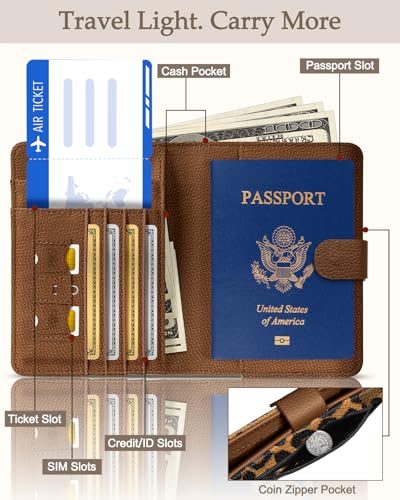 Slohif Passport Wallet Holder Cover for Travel - Women Men RFID Blocking Passport Book Case Protector, Brown Leopard Cheetah Leather Personalized Organizer Slim Carrier Boarding Pass Cards Slots - Image 2