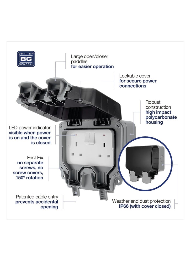 BG Electrical WP22-01 Double Weatherproof Outdoor Switched Power Socket, IP66 Rated, 13 Amp, Grey - Image 2