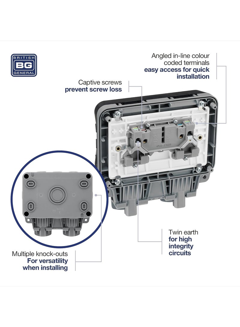 BG Electrical WP22-01 Double Weatherproof Outdoor Switched Power Socket, IP66 Rated, 13 Amp, Grey - Image 3