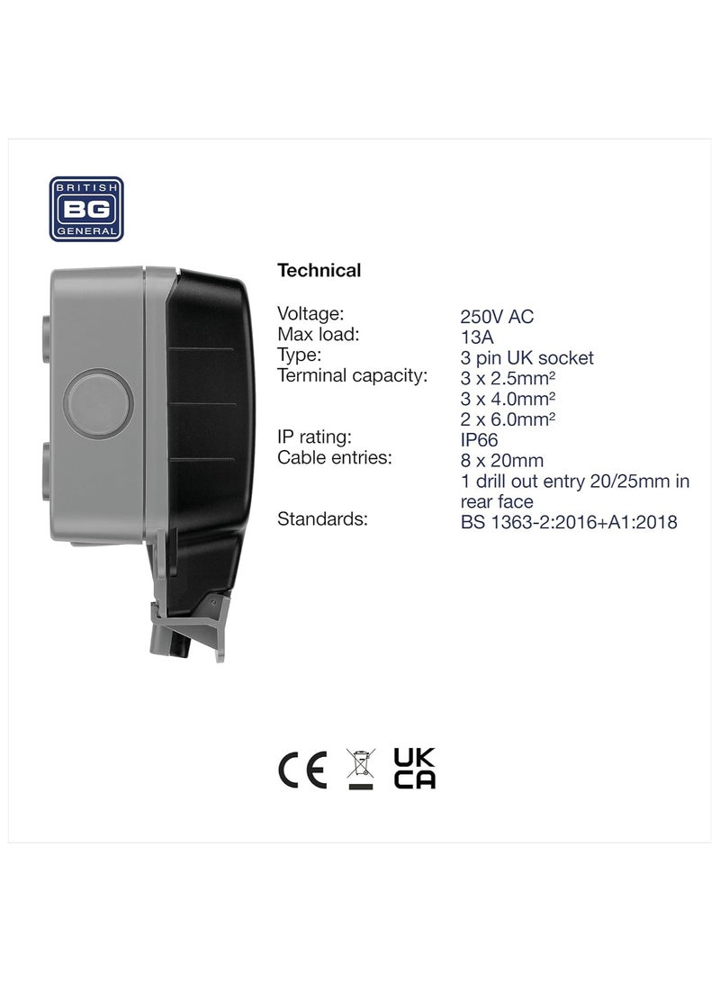 BG Electrical WP22-01 Double Weatherproof Outdoor Switched Power Socket, IP66 Rated, 13 Amp, Grey - Image 4