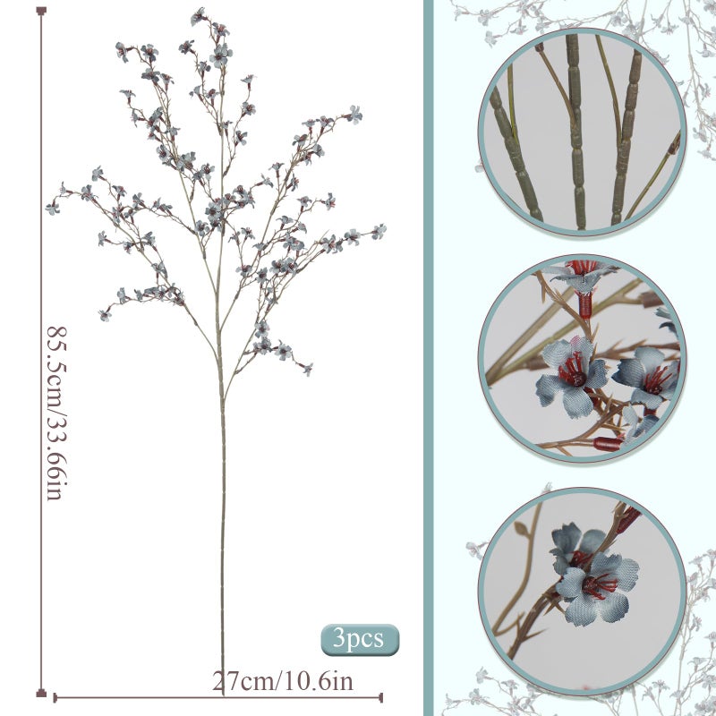 GhuaH 3 Pcs Cherry Blossom Branches Artificial Flowers for Spring Summer Indoor Decoration Faux Cherry Blossom Long Stems Dusty Blue Silk Fake Flowers for Tall Vase Arrangements Home Wedding Table - Image 2