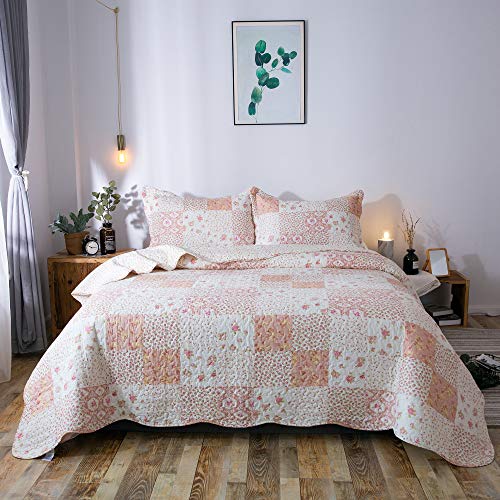 KASENTEX King Quilt Set - Reversible Patchwork Flower Quilt Bedding Set,3 Pieces Soft Microfiber Lightweight Bedspread,Exquisite Printed Coverlet with 2 Pillow Shams for All Season(Pink Floral,104x90) - Image 2