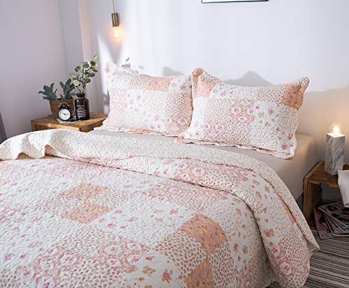 KASENTEX King Quilt Set - Reversible Patchwork Flower Quilt Bedding Set,3 Pieces Soft Microfiber Lightweight Bedspread,Exquisite Printed Coverlet with 2 Pillow Shams for All Season(Pink Floral,104x90) - Image 3