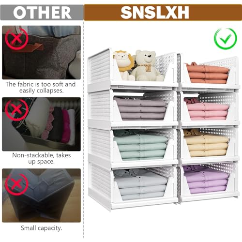 SNSLXH حزمة 5 سلال تخزين قابلة للتكديس لخزانة الملابس، منظم خزانة متعدد الوظائف وقابل للطي للحمام والمطبخ وغرفة الغسيل وخزانة الملابس، منظم درج تخزين الملابس الموفر للمساحة، أبيض - Image 3