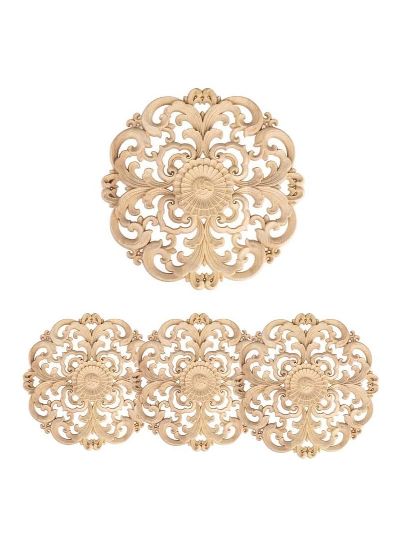 KASTWAVE 4 Pcs Wood Carved Appliques Onlays, Unpainted Solid Wood Round Carving Decal for Furniture Cabinet Bed Wardrobe Closet DIY Decoration  - Image 1