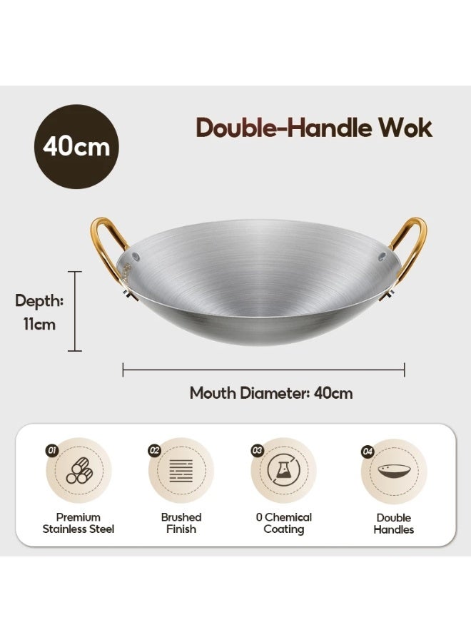 MODOFO 40CM Stainless Steel Double Ear Wok | Large Non-Stick Frying Pan | Kitchen Use - Image 1