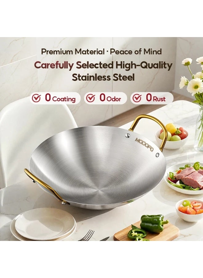 MODOFO 40CM Stainless Steel Double Ear Wok | Large Non-Stick Frying Pan | Kitchen Use - Image 2