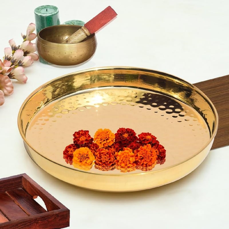 Pure Source India صينية نحاسية مطروقة من مصدر نقي الهند 1 قطعة ذهبية دائرية عبوة من 1 10 بوصة - Image 1