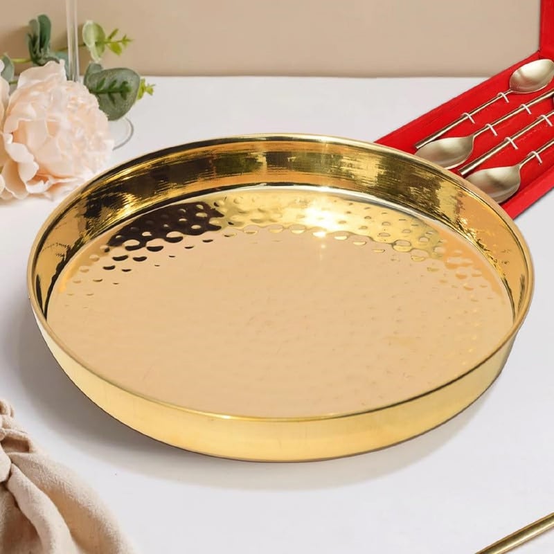 Pure Source India صينية نحاسية مطروقة من مصدر نقي الهند 1 قطعة ذهبية دائرية عبوة من 1 10 بوصة - Image 2
