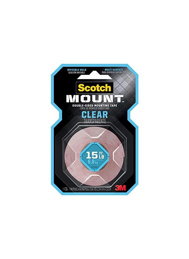 Scotch  - Scotch Mount Clear Tape 1 in x 60 in (2.54cm x 1.52m), 1 roll/pack | Holds 6.8 kg whole roll | Transparent color | Multi-Surface | Easy to use | No Tools | Double Sided Adhesive Tape - Image 1
