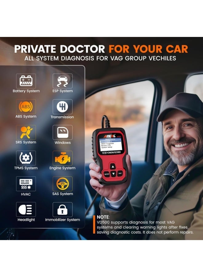 Ancel VD500 OBD II Diagnostic Scanner for Volkswagen VW Audi Skoda Seat Diagnosis Check Engine Light EPB ABS SRS Code Reader Oil Throttle Position Adaption Brake Pad Reset Tool - Image 5